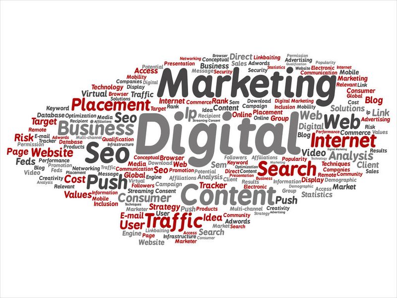 Concept or conceptual digital marketing seo traffic abstract word cloud isolated on background. Collage of business, market, content, search, web push, placement, communication technology text